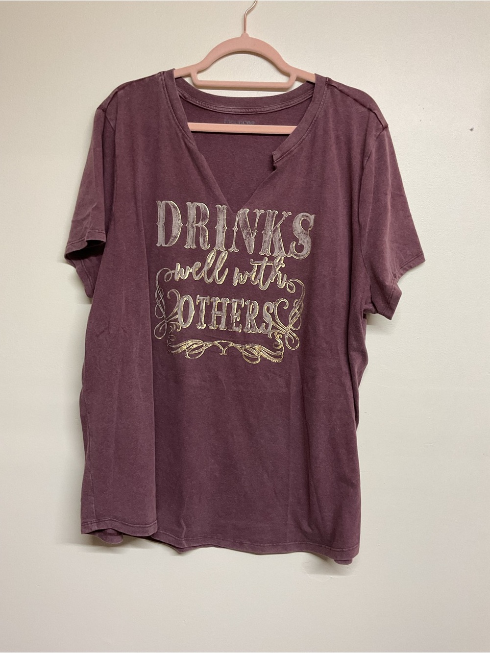 Maurices Plum V-Neck Tee with Gold Script